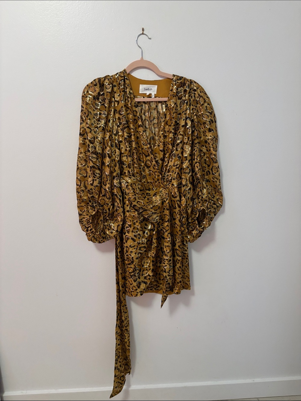 ba&sh Metallic Gold and Black Leopard Wrap Dress